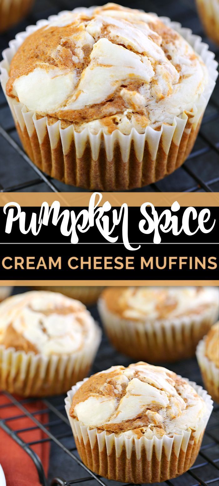 pumpkin spice cream cheese muffins on a cooling rack with the title text overlay