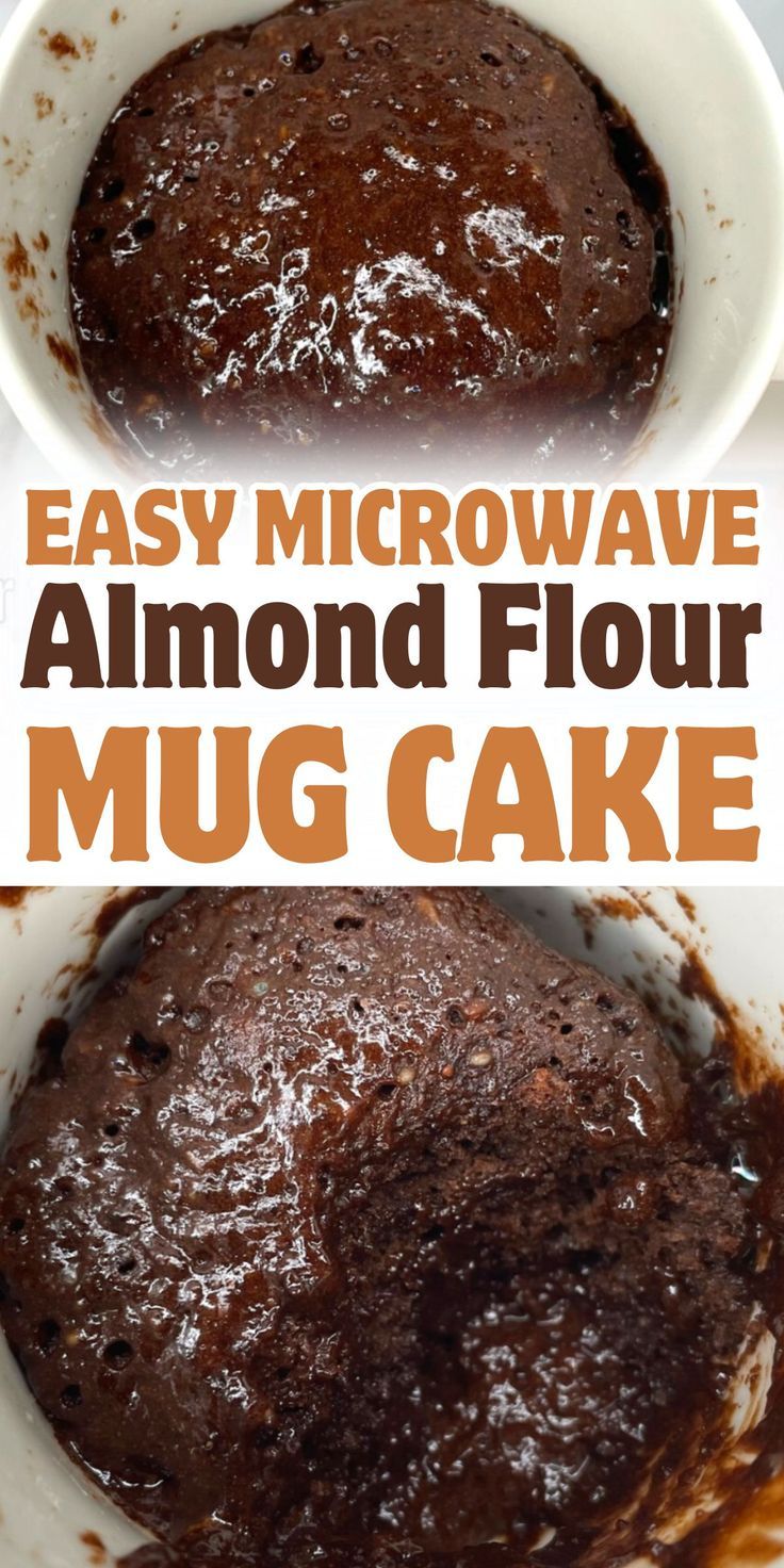 chocolate cake in a white bowl with the words easy microwave almond flour mug cake