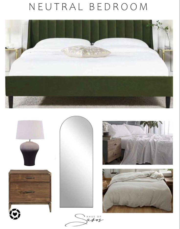 a bedroom with green headboard and white bedding, mirror, lamp, dresser and night stand