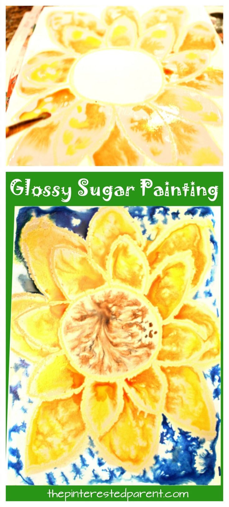 two pictures with the words classy sugar painting and an image of a yellow flower