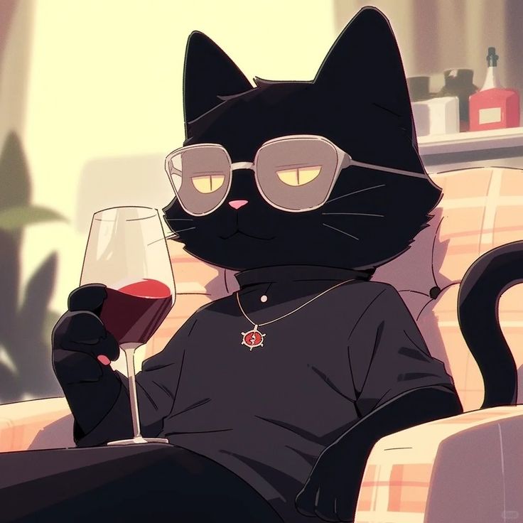 a black cat wearing glasses and holding a wine glass in its right hand while sitting on a couch