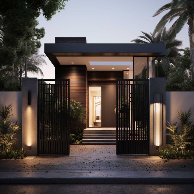 an entrance to a modern home with black iron gates and palm trees in the background