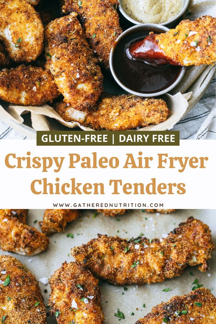 crispy pale air fryer chicken tenders with dipping sauce on the side and text overlay