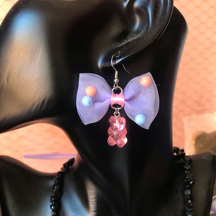 Purple Kawaii Bow Earrings With Pink Gummy Bear Dangle Charms. Super Cute! Ooak Nwt Playful Purple Earrings For Gift, Playful Purple Earrings For Gifts, Purple Fun Jewelry For Party, Fun Purple Earrings For Party, Playful Purple Dangle Jewelry, Fun Purple Jewelry For Party, Fun Purple Party Jewelry, Cute Purple Earrings For Party, Fun Purple Earrings For Gift