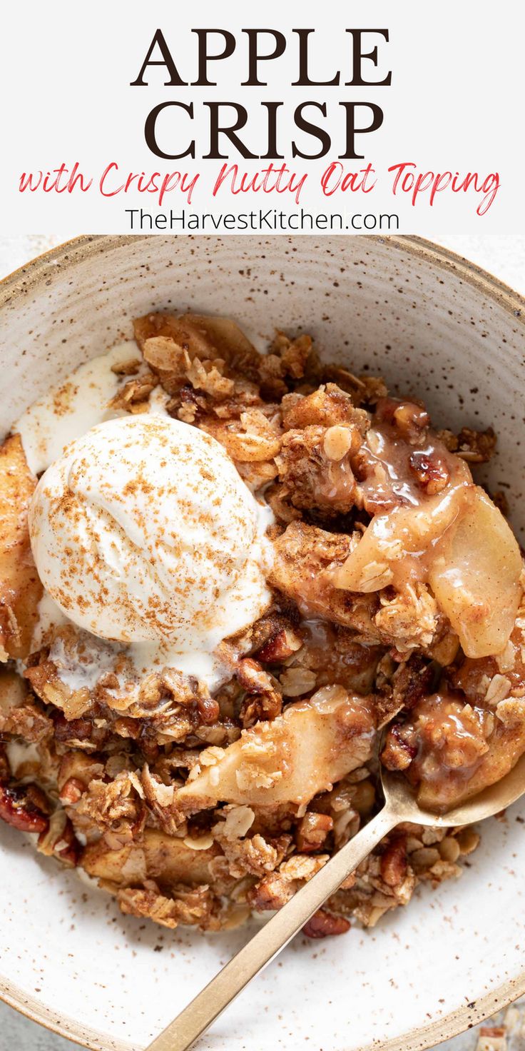 an apple crisp is served in a bowl with ice cream and granola on top