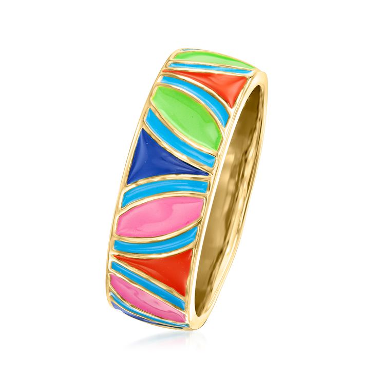 Ross-Simons - Multicolored Enamel Ring in 18kt Gold Over Sterling. Size 9. Think of your hand as a canvas - rings are what paint the pretty picture! Get creative with this gleaming band featuring cheerful stripes of multicolored enamel. Crafted in 18kt yellow gold over sterling silver. 1/4" wide. Multicolored enamel ring. Conservative Outfits, Enamel Ring, Mix Color, The Pretty, Pretty Pictures, Fashion Ideas, Color Mixing, Fine Jewelry, Yellow Gold