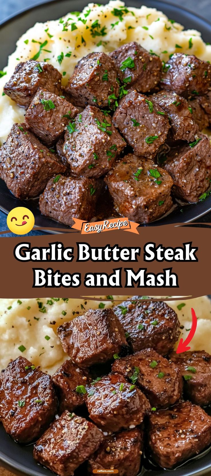 garlic butter steak bites and mash on a black plate with text overlay that says garlic butter steak bites and mash