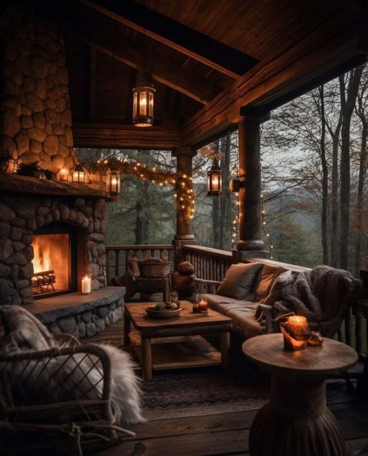 a porch with lights and furniture on it