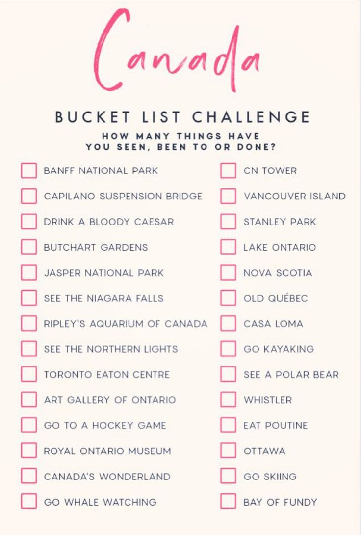 the canada bucket list is shown on an instagramture page, with pink ink