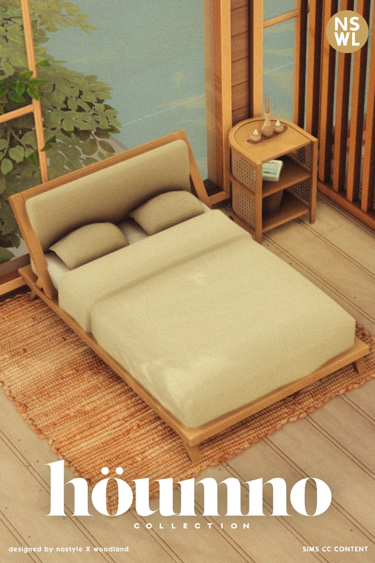 a bed sitting on top of a wooden floor next to a window