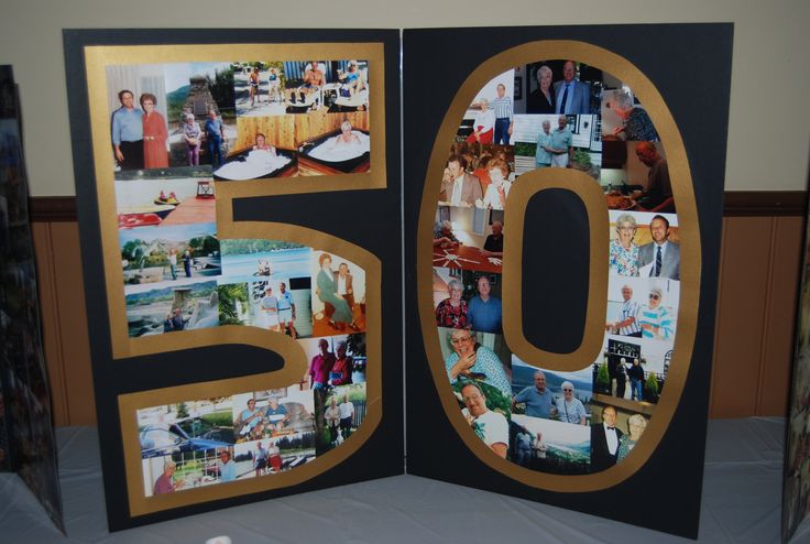 the 50th anniversary card is decorated with photos and gold lettering that spell out 50 years