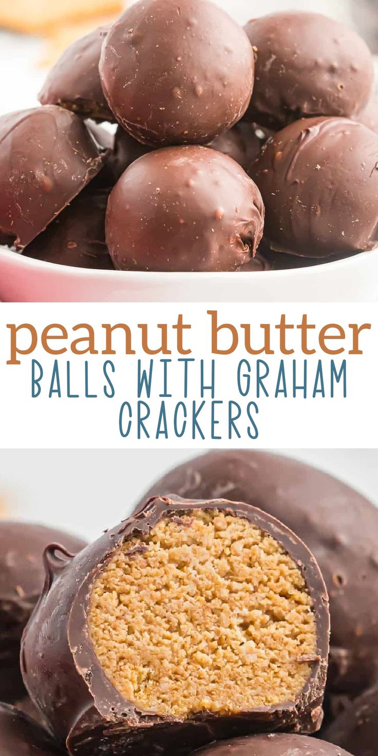 chocolate peanut butter balls with graham crackers on top and in the background, there is a bowl full of them