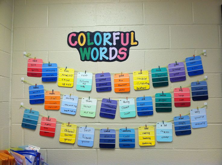 a bulletin board with colorful words hanging from it's sides on a wall in a classroom