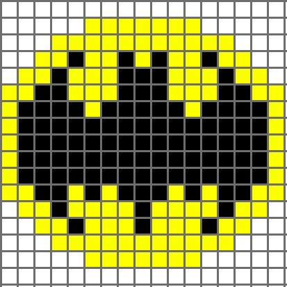 a cross stitch pattern with black and yellow squares in the shape of a smiley face