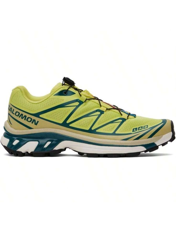 Salomon 
Green XT-6 Sneakers 
Low-top mesh sneakers in green. 
. Bonded TPU trim throughout 
. Quicklace® closure 
. Logo patch at vamp 
. Padded collar 
. Logo printed at sides 
. Mesh lining 
. Molded OrthoLite® footbed 
. Agile Chassis™ System at midsole 
. Treaded Contagrip® EVA rubber sole 
Supplier color: Sunny lime/Southern moss/Atlantic deep 
Upper: textile. Sole: rubber. 
Made in Cambodia. 
242837M237014 
Green XT-6 Sneakers default         Sports & Outdoor Shoes, size features are:Bust Green Round Toe Sneakers For Running, Casual Green Running Shoes With Laces, Sporty Low-top Sneakers For Trail Running, Green Casual Sneakers For Trail Running, Casual Green Sneakers For Running, Sporty High-top Running Shoes With Logo Print, Green Running Sneakers With Round Toe, Green Athleisure Running Shoes With Round Toe, Dynamic Green Running Shoes For Sports