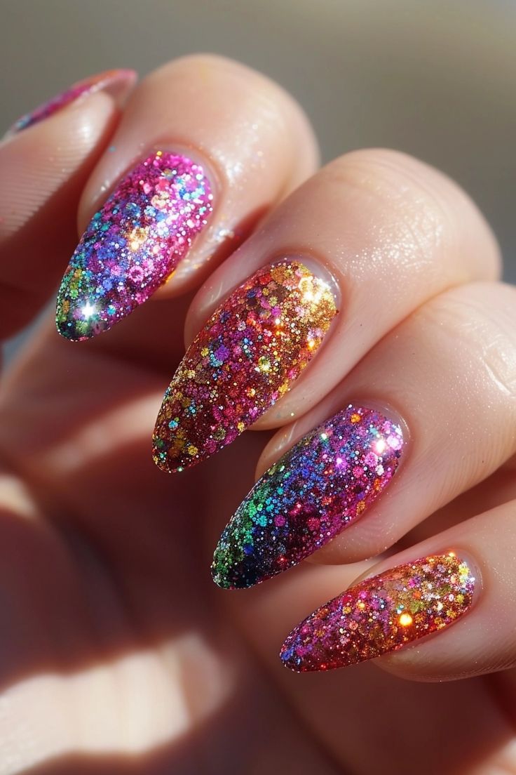 50 Glitter Nail Designs For Beautiful Dazzling Nails 27 Colorful Glitter Nails, Chunky Glitter Nails, Glitter Nail Designs, Nails Elegant, Ombré Nails, Glitter Manicure, 2024 Nails, Nails Pretty, Ombre Nails Glitter