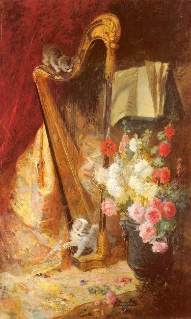 a painting of flowers and a harp on a table