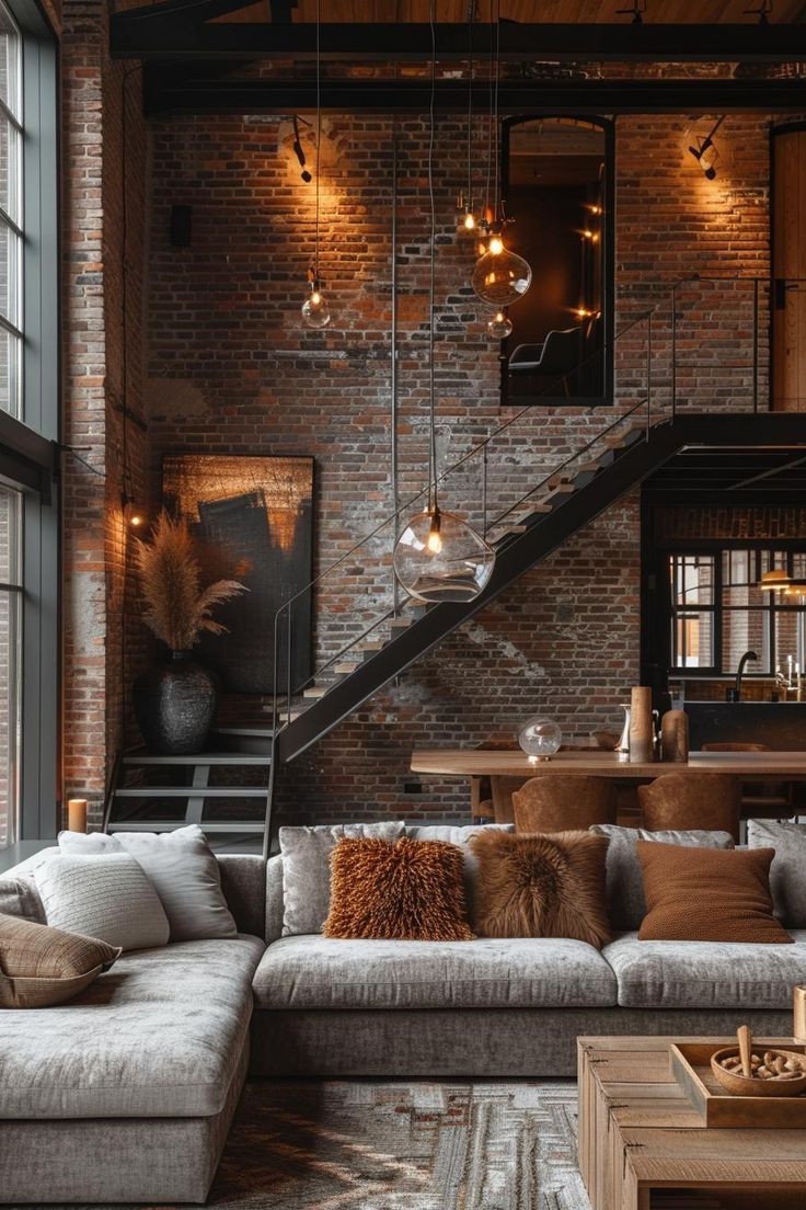 a living room filled with lots of furniture next to a brick wall and stairs leading up to the second floor