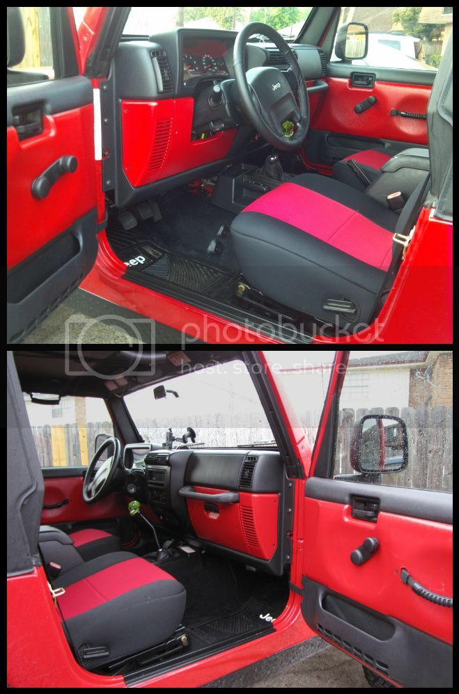 two pictures of the interior of a red jeep with black leather seats and dash board