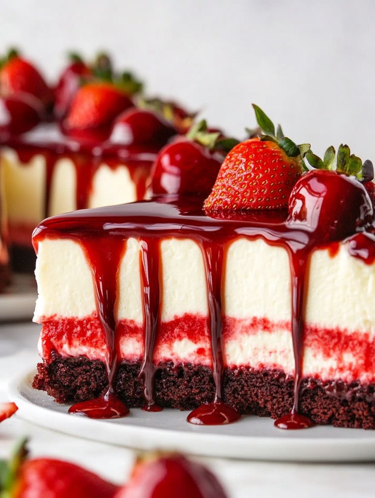 a slice of cheesecake with strawberries on top and chocolate sauce drizzled over it