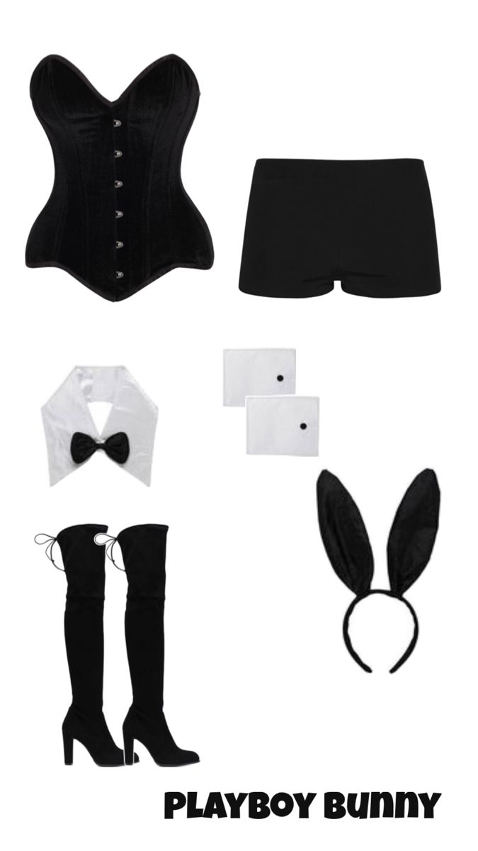 the costume is black and white with bunny ears on it's head, stockings, panties