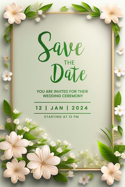 save the date card with white flowers and green leaves on a light blue background for an event