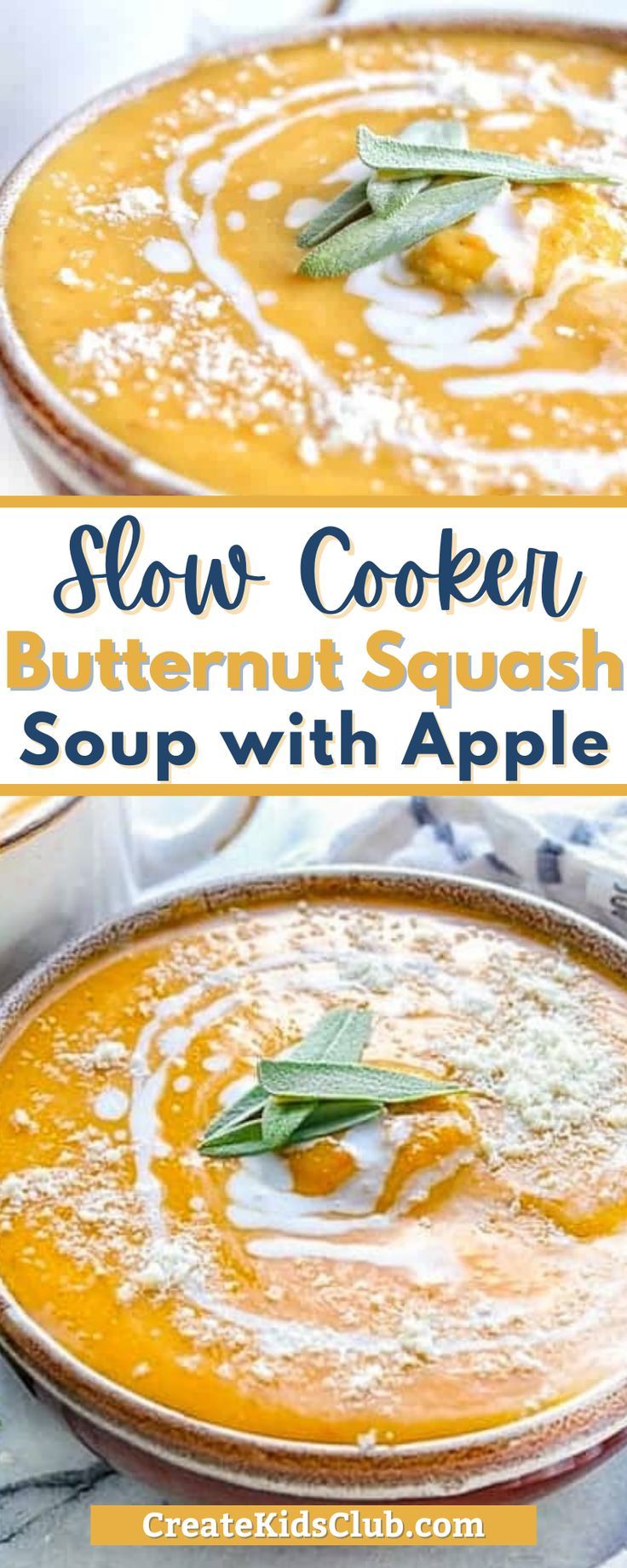 two bowls filled with butternut squash soup and topped with sage