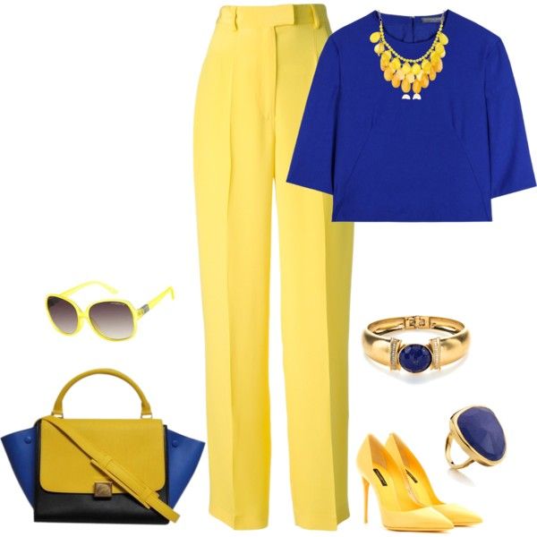 Outfit Blue And Yellow Outfit Ideas, Blue And Yellow Outfit, Yellow Outfit Ideas, Royal Blue Outfits, Chique Outfit, Color Combinations For Clothes, Yellow Pants, Yellow Outfit, فستان سهرة