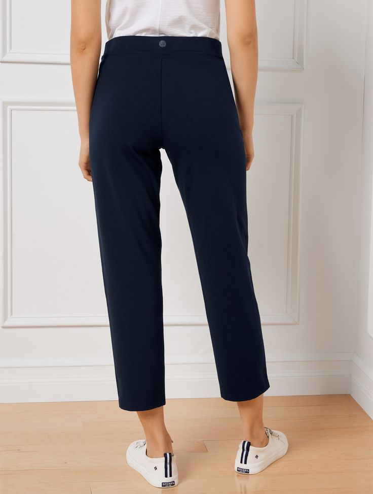 Part of T by Talbots, our most comfortable collection ever! Everyday Stretch Straight Leg Ankle Pants. Our amazingly smooth everyday pant with breathable, supportive fabric that offers great coverage. Stretches with you, but not out of shape Features Straight Leg Hits: At Waist Ankle Length Elastic waistband closure Imported Fit: Misses: 26"; Petite: 24"; Plus: 26"; Plus Petite: 24" Material: 89% Cotton, 1% Spandex Care: Machine Wash Cold; Only Non-Chlorine Bleach When Needed; Turn Garment Insid Comfortable Tapered Leg Sweatpants For Work, Versatile Ankle-length Activewear Pants For Work, Comfort Stretch Ankle-length Pants For Loungewear, Solid Capris With Pull-on Style For Work, Comfortable Ankle-length Stretch Bottoms, Straight Leg Capris With Elastic Waistband For Loungewear, Loungewear Tapered Leg Capris With Elastic Waistband, Solid Color Pull-on Capris For Work, Loungewear Capris With Elastic Waistband And Tapered Leg