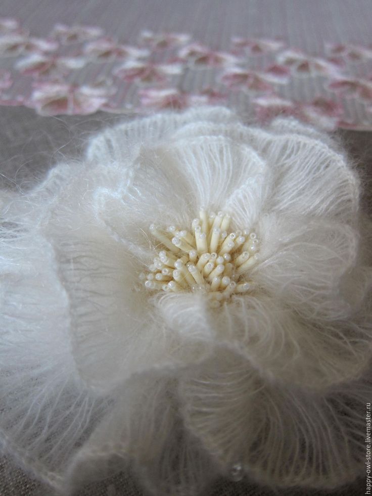 a white flower is sitting on top of a piece of cloth with lace in the background