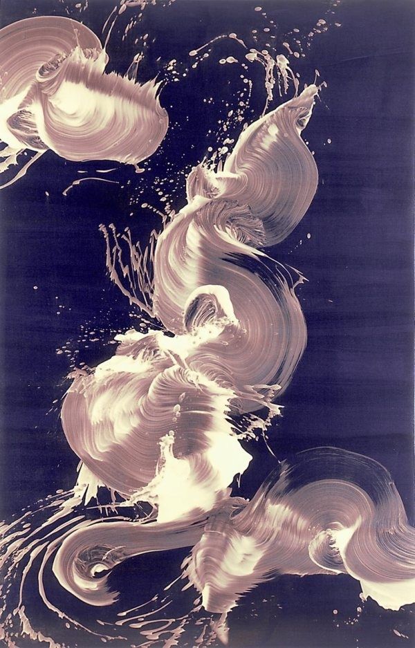 an abstract painting with white and blue swirls in the water on a black background