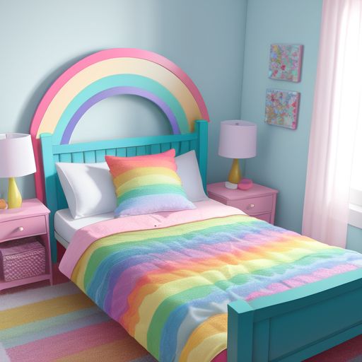 a bedroom with a rainbow colored bed and nightstands