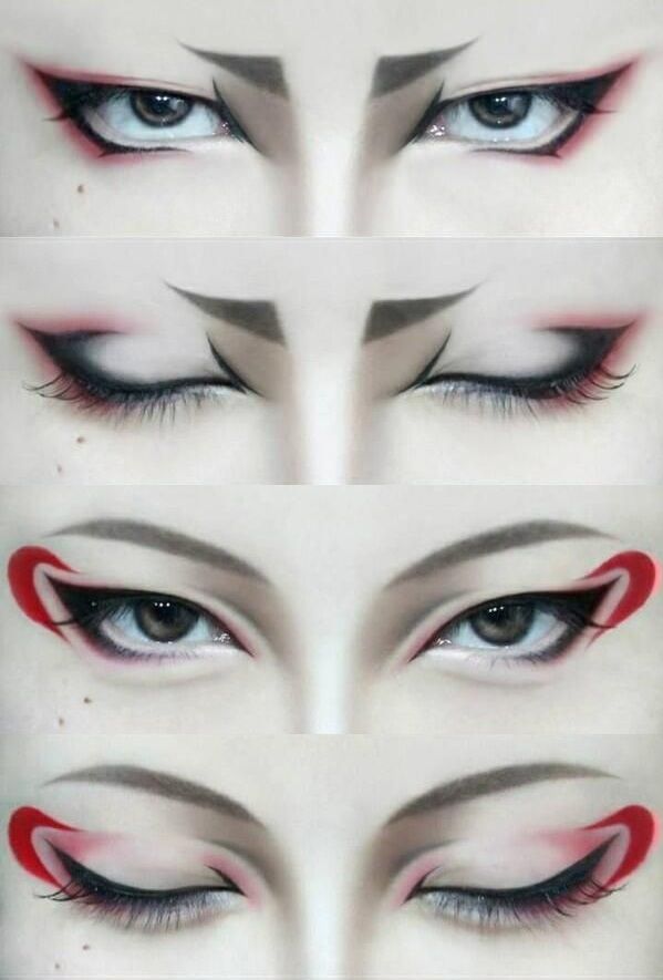 Kitsune Eyeliner, Vox Akuma Makeup, Geisha Eye Makeup, Kitsune Makeup Tutorial, Kitsune Halloween Costume, Fox Cosplay Makeup, Zhongli Eye Makeup, Kitsune Face Markings, Ninja Eye Makeup