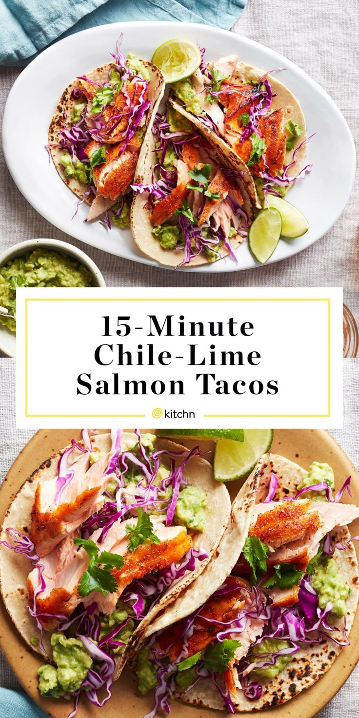 five different types of tacos on plates with text overlay that reads 5 minute chile lime salmon tacos