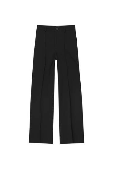 Trendy Tailored Straight Dress Pants, Trendy Tailored Dress Pants, Chic Formal Pants With Seam Detailing, Trendy Straight Dress Pants, Chic Dress Pants With Minimal Stretch For Business Casual, Chic Dress Pants For Business Casual, Trendy Seam-detailed Bottoms For Work, Chic Straight Leg Dress Pants With Minimal Stretch, Trendy Fall Bottoms With Seam Detailing