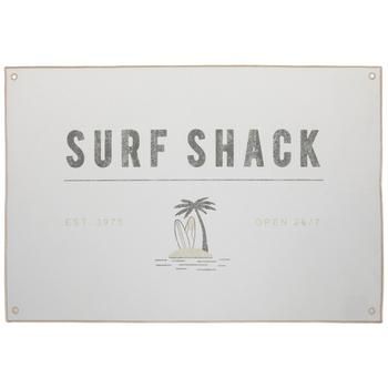 a sign that says surf shack with palm trees on the beach in front of it