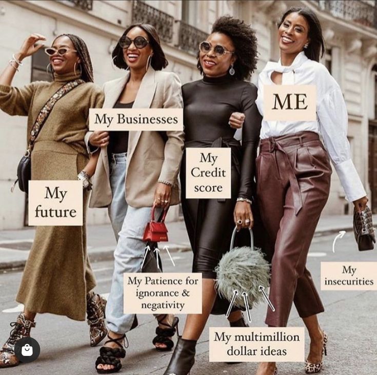 four women walking down the street holding signs that read me, my credit score, my purse, and my multi - million dollar ideas