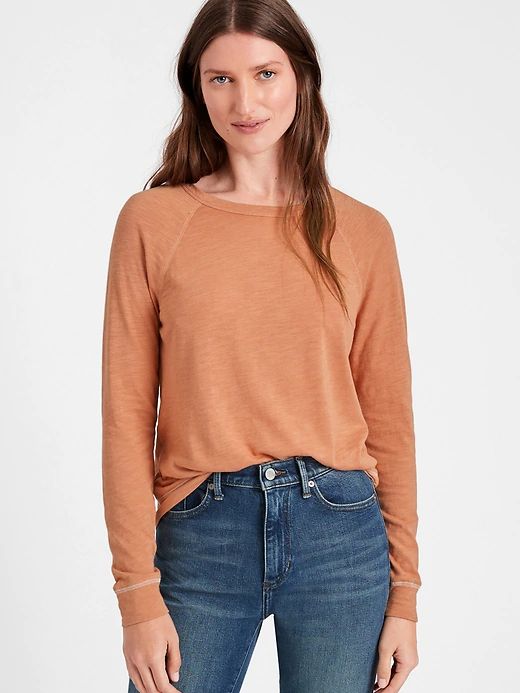 Slub Cotton-Modal Raglan T-Shirt | Banana Republic Relaxed Everyday Tops For Fall, Organic Cotton Tops For Fall Loungewear, Fall Organic Cotton Loungewear Tops, Versatile Relaxed Fit T-shirt For Fall, Comfortable Tops For Everyday Fall Wear, Effortless Crew Neck Tops For Fall, Comfortable Everyday Tops For Fall, Versatile Cotton T-shirt For Fall, Soft-washed Organic Cotton Tops For Fall