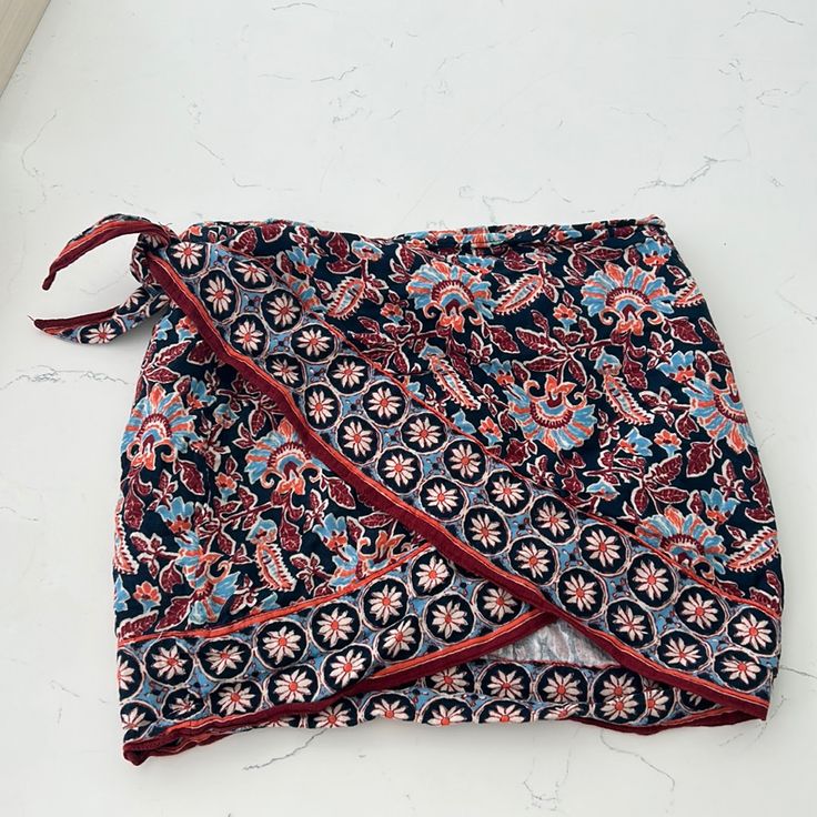 Never Worn, Great Condition. Bohemian Cotton Mini Skirt For Day Out, Chic Floral Print Skort For Beach, Chic Floral Print Beach Skort, Casual Patterned Skirt, Bohemian Mini Skort For Day Out, Bohemian Blue Zara Bottoms, Casual Multicolor Wrap Skirt For Beach, Casual Floral Print Wrap Skirt For Vacation, Red Casual Wrap Skirt For Summer