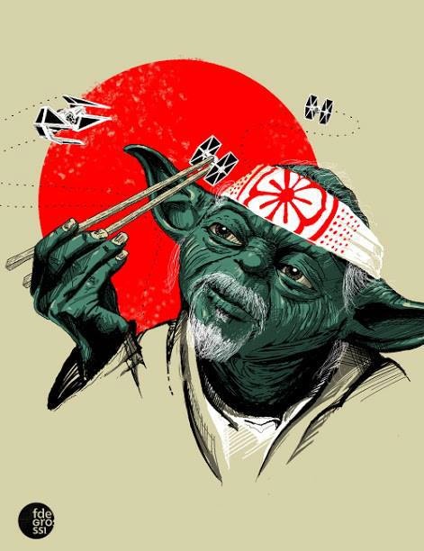 an illustration of yoda holding chopsticks in front of a red sun with japanese writing on it