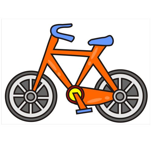 an orange bicycle with wheels and spokes on the front is shown against a white background