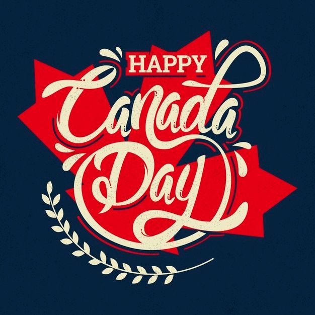 happy canada day lettering on a dark blue background with an ornament in the middle