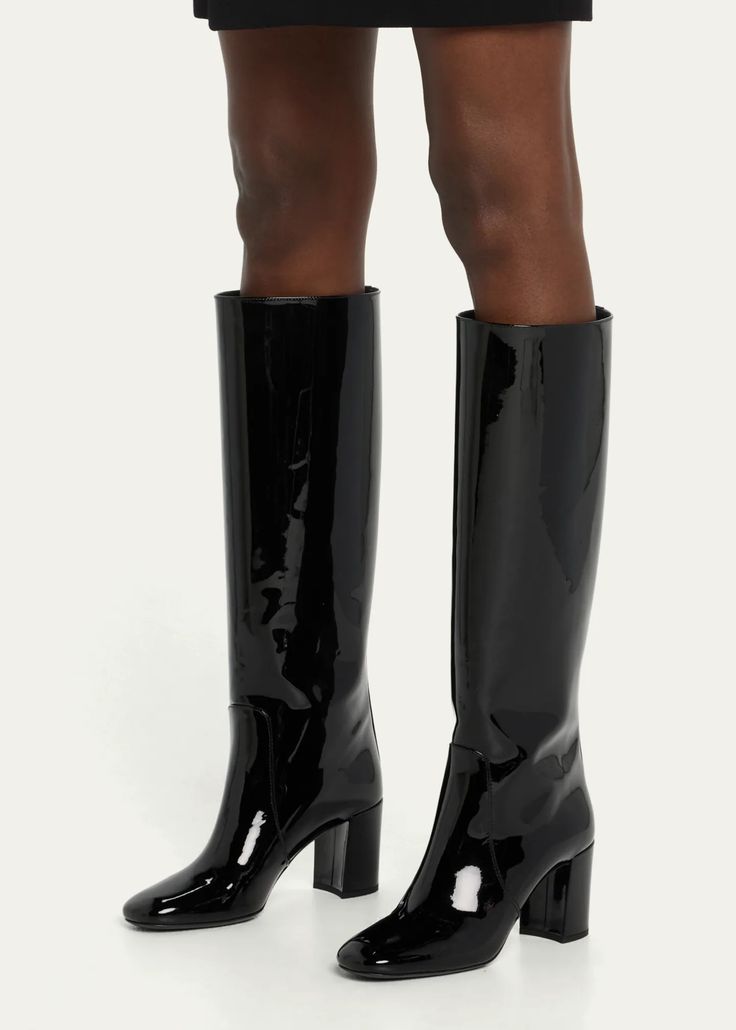 Saint Laurent Who Patent Block-Heel Knee Boots - Bergdorf Goodman Elegant Glossy Evening Boots, Luxury Patent Leather High Heel Knee-high Boots, Luxury High Heel Patent Leather Knee-high Boots, Luxury High Heel Knee-high Boots In Patent Leather, Evening Patent Leather Knee-high Heeled Boots, Evening Knee-high Patent Leather Heeled Boots, Elegant Formal Boots With Glossy Finish, Elegant Glossy Finish Boots For Formal Occasions, Elegant Glossy Boots