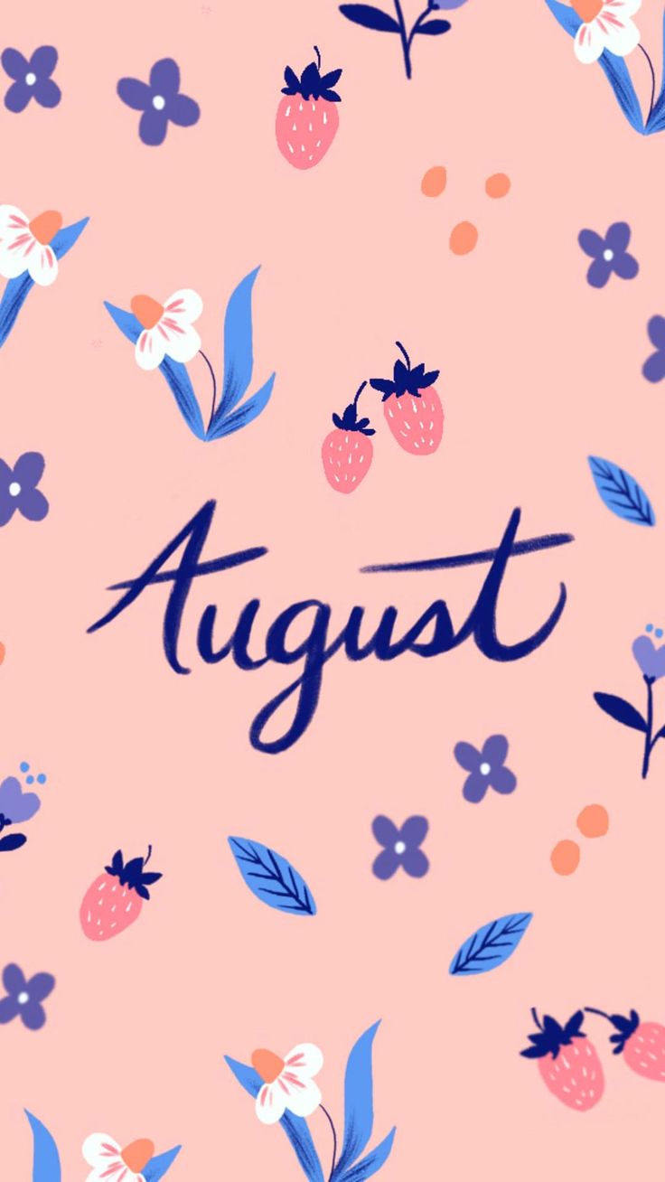 the word august written in blue and pink flowers on a pink background with polka dots