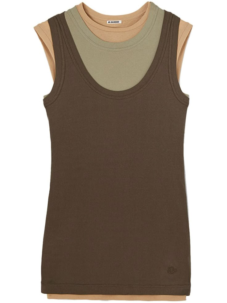 brown/khaki/light brown cotton layered design crew neck sleeveless embroidered logo to the front racerback straight hem Pleat Top, Floral Shoes, Layered Design, Nice Clothes, Mens Scarves, Cotton Tank Top, Suit Accessories, Veronica Beard, Cami Tanks