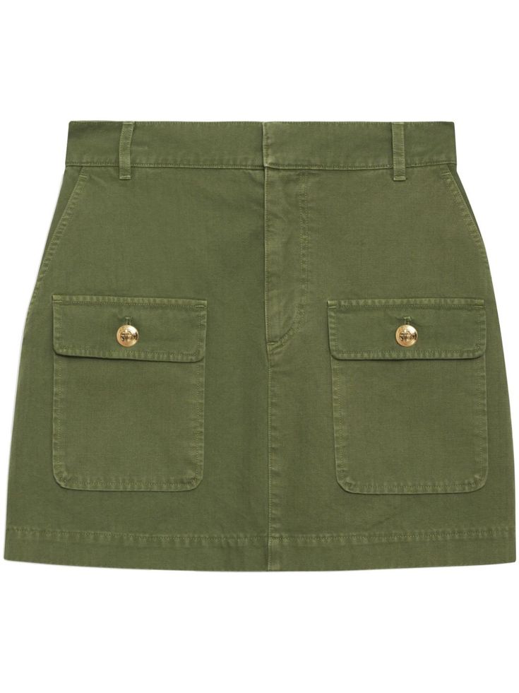 olive green cotton belt loops concealed front fastening two side slash pockets two front flap pockets straight hem thigh-length Yoko London, Versace Outfit, City Dress, Skirt Fits, Iconic Bags, Anine Bing, Summer Beach Wear, Fitted Skirt, Ballet Flat Shoes