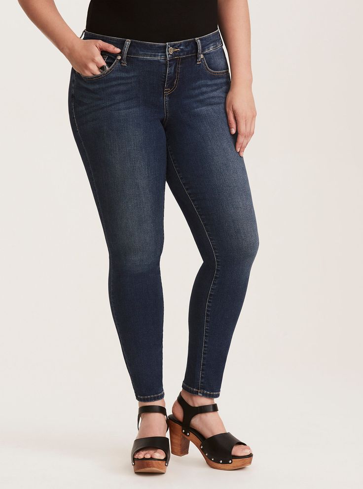 Everyone has a go-to pair of jeans; the first pair that you reach for every morning when you're putting together a casual cute look. With a sleek silhouette, these skinny jeans are a versatile go-to with a medium wash denim that has been whiskered, creased and gently faded for a casually chic look. With a skinny-mini fit from thigh to ankle and wiggle room at the hem.    Mid-rise  Size 18: 13" leg opening  Ex-Short 26", Short 28", Regular 30", Tall 32", Ex-Tall 3... New Street Style, All Jeans, Active Outfits, New Pant, Jean Top, Plus Size Jeans, Softest Sweater, Pocket Design, Favorite Jeans