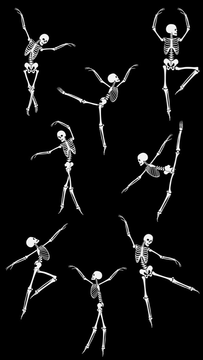 the skeleton dance sequence is shown in black and white, as well as four different poses