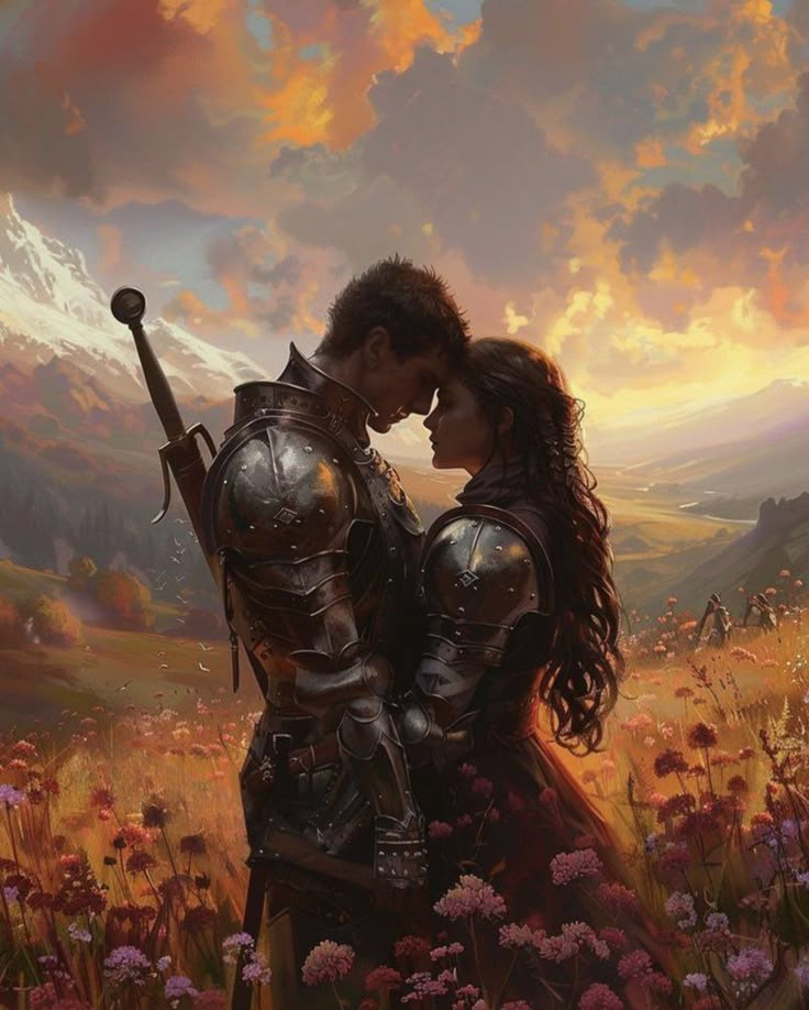 a man and woman in armor standing next to each other on a field with flowers