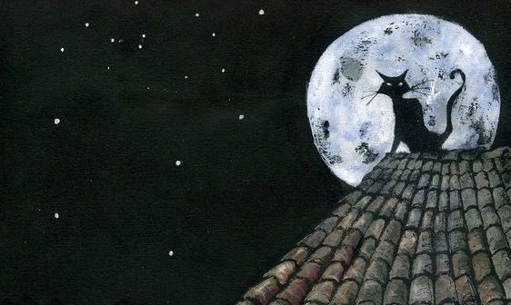 a painting of a cat on top of a roof with the moon in the background